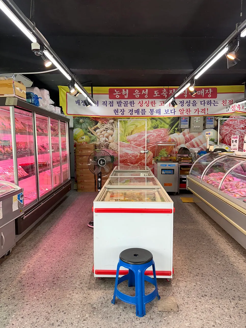 Zoned display cases inside Jeongyuk Mart