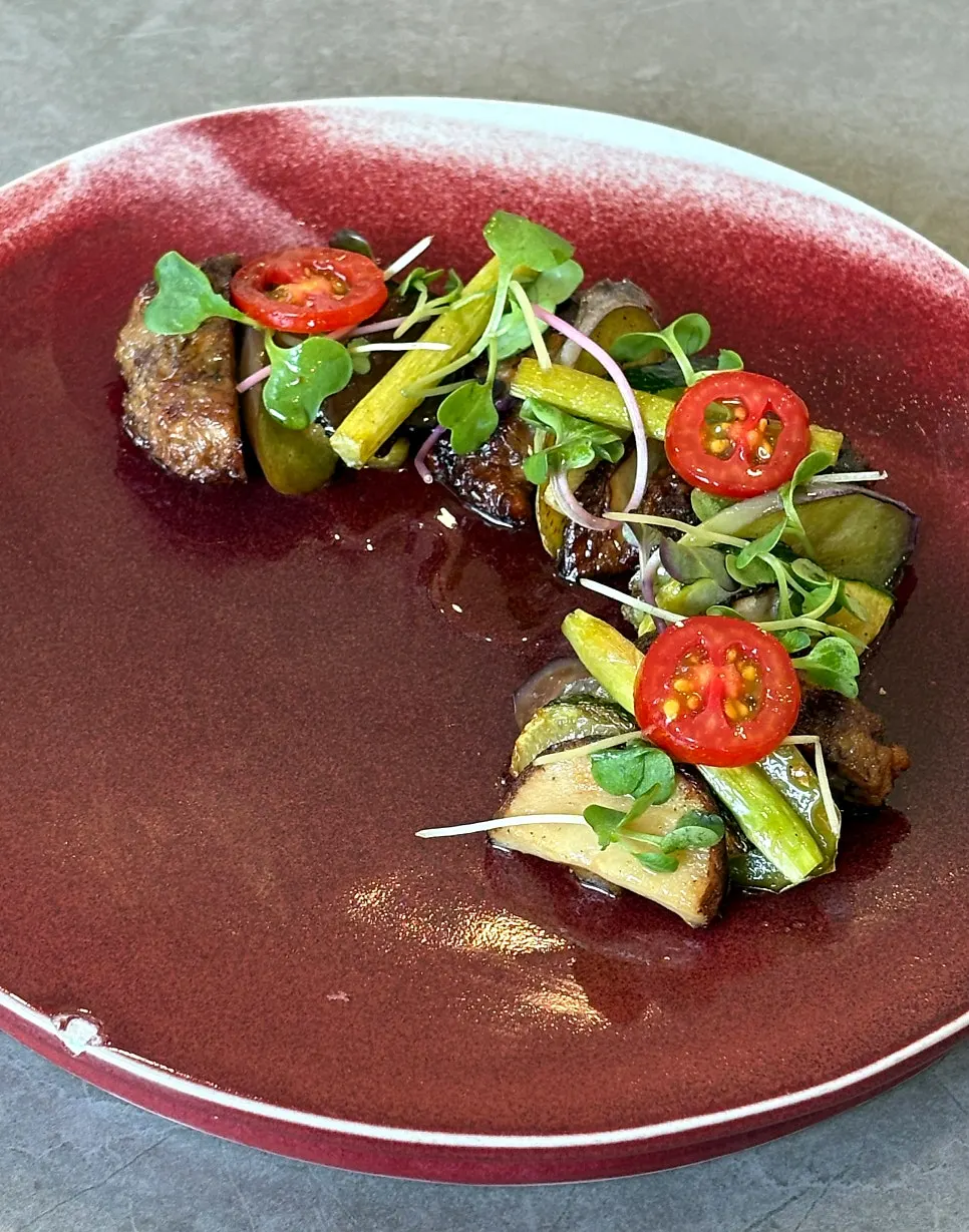 Soy-sauce-aged Korean beef tteokgalbi with grilled vegetables