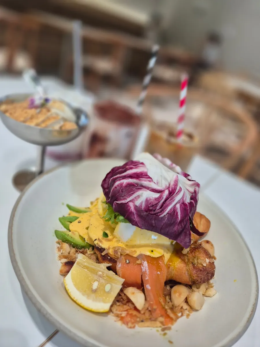 A colorfully arranged brunch spread