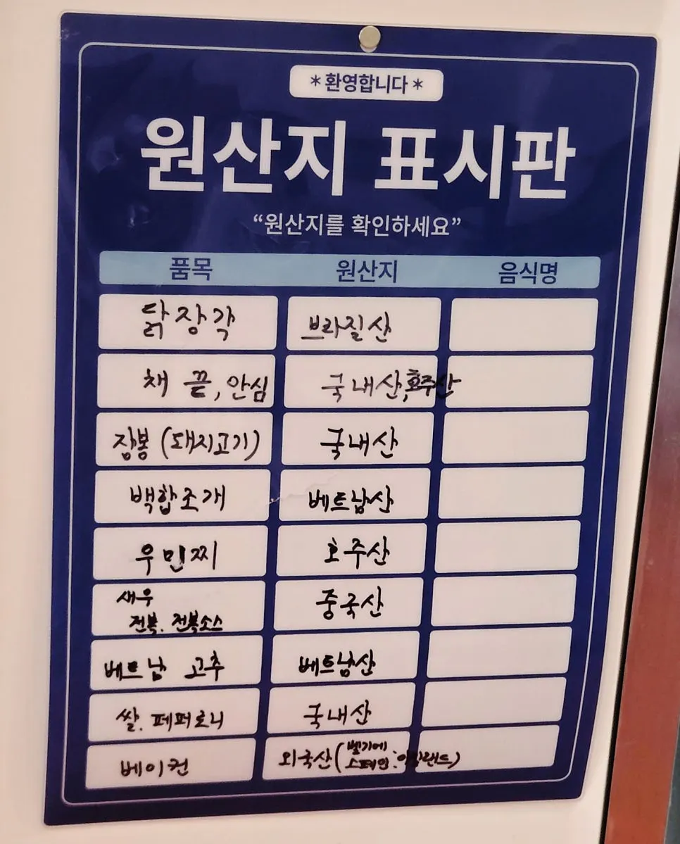 Bueokgan Restaurant's country-of-origin labeling sign