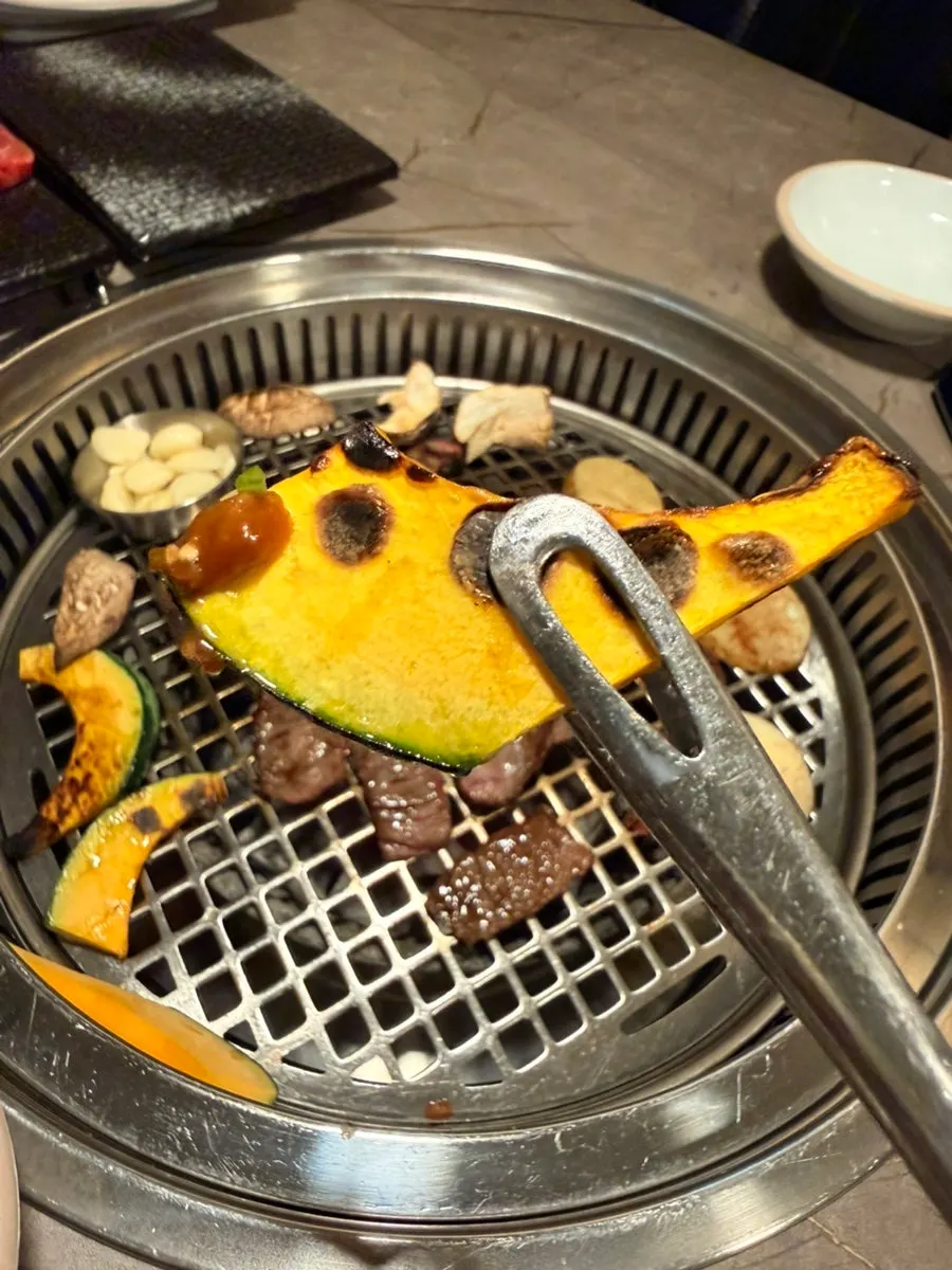 Mushrooms and sweet pumpkin grilling on the plate