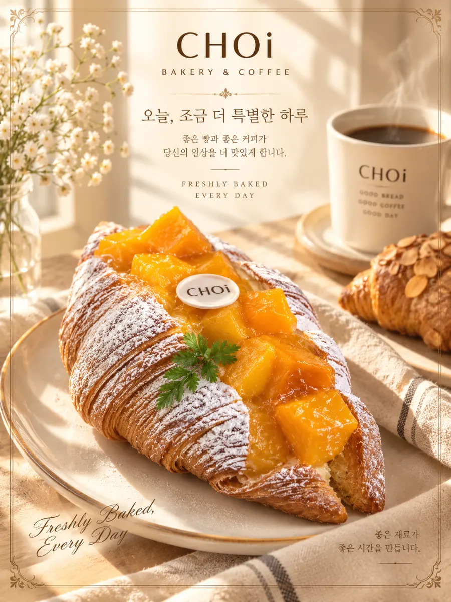 커피와 빵을 올린 창가 테이블