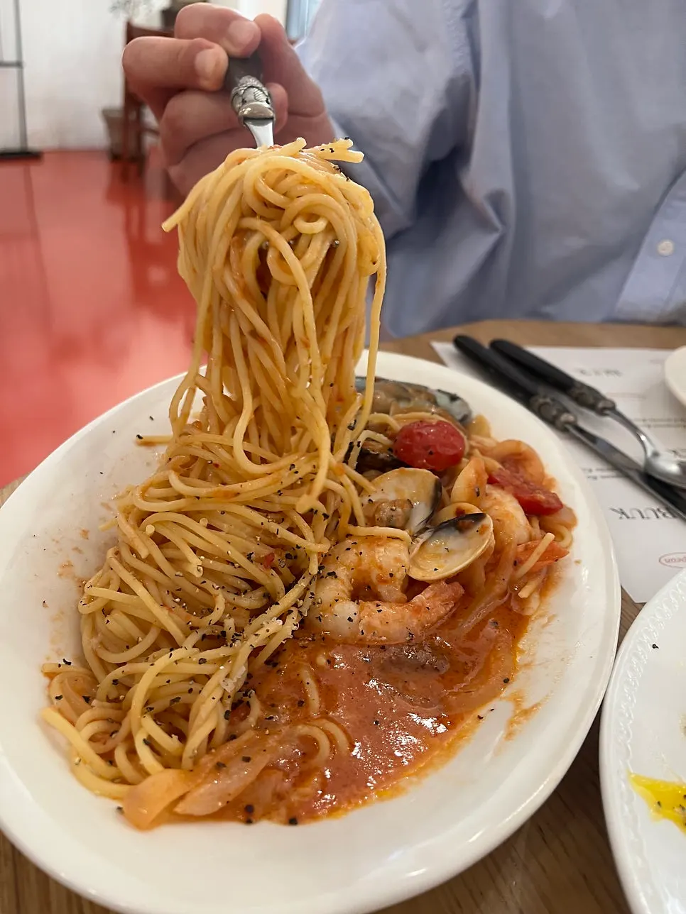 Close-up of the thick-sauced carbonara