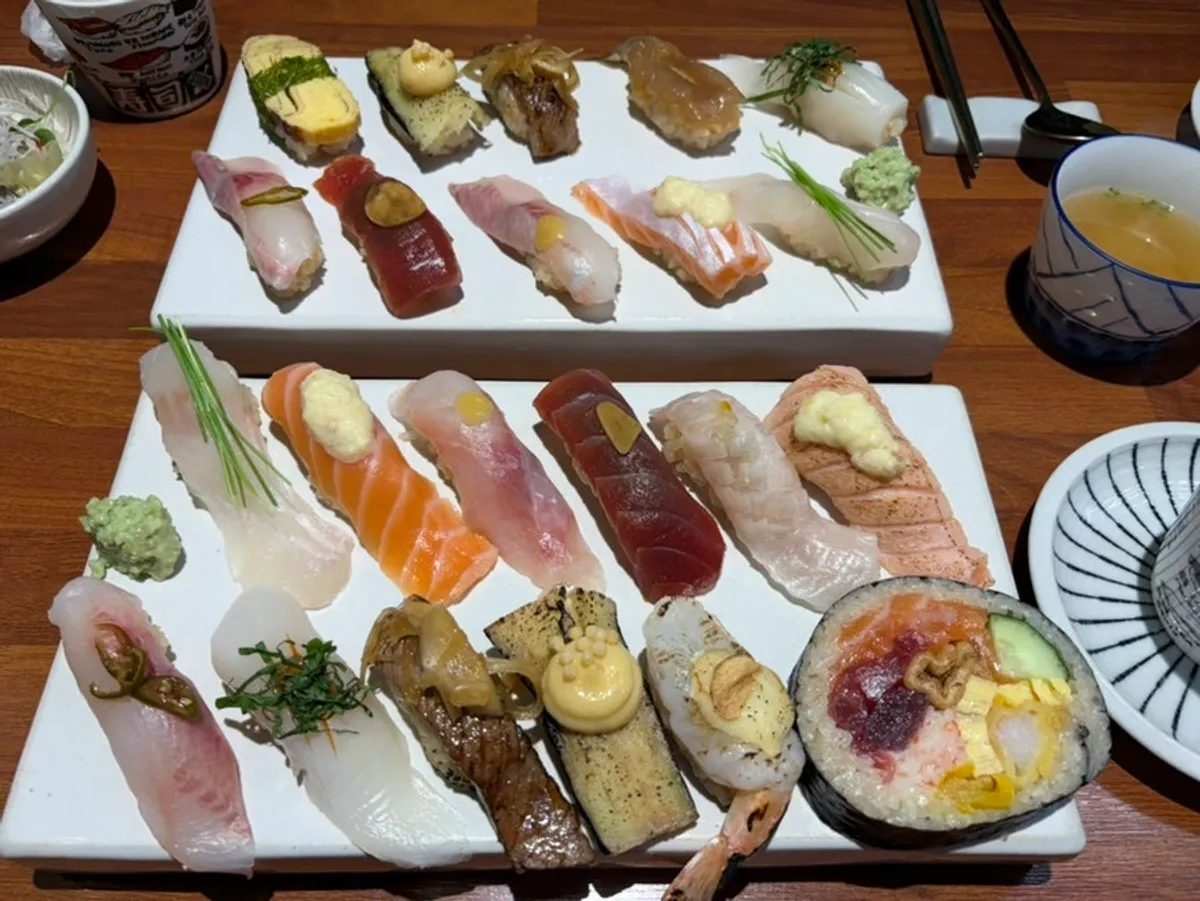 Table set with two sushi sets at Shirokuma