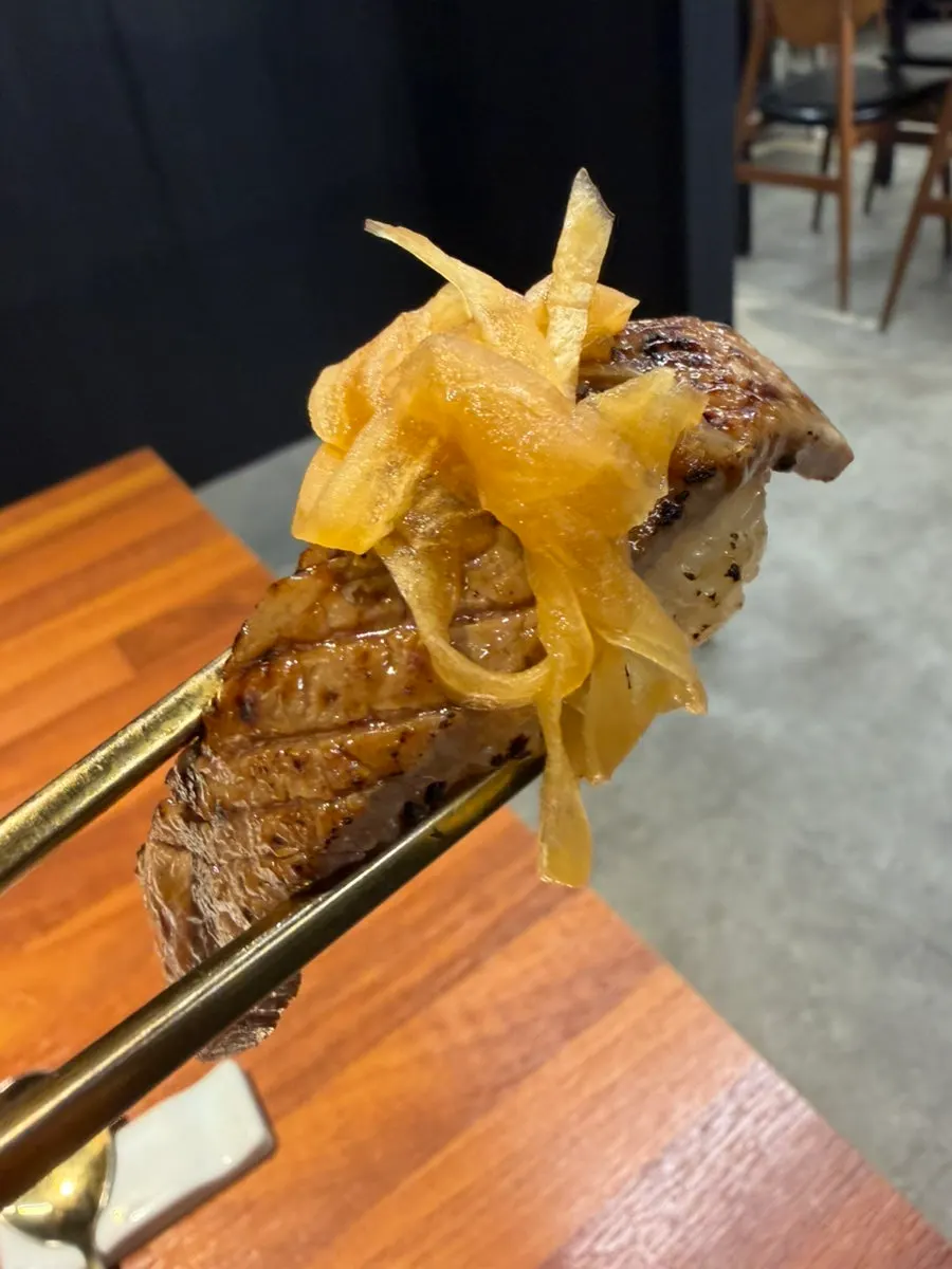 Freshly grilled beef sushi
