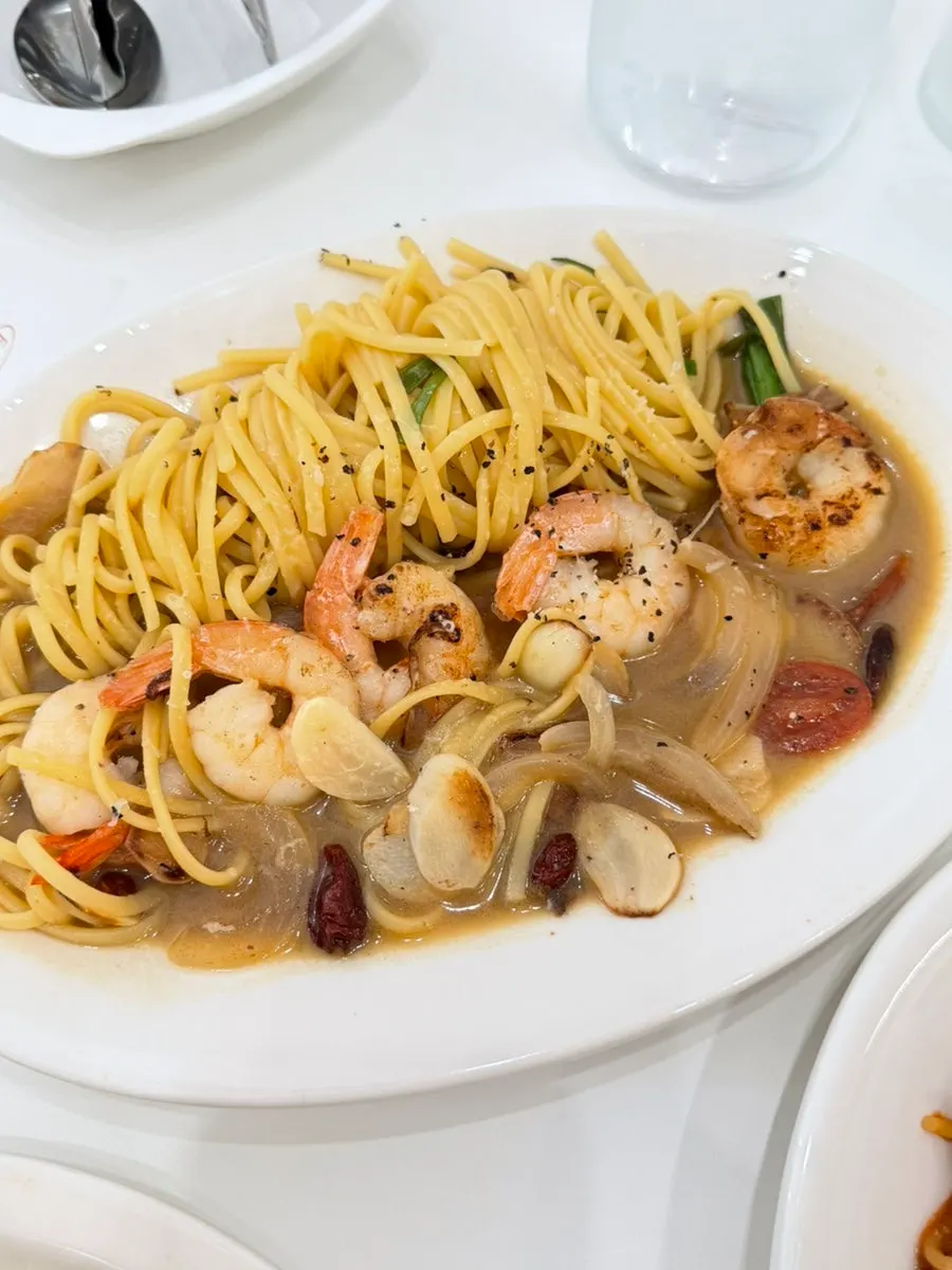 A plate of shrimp anchovy oil pasta