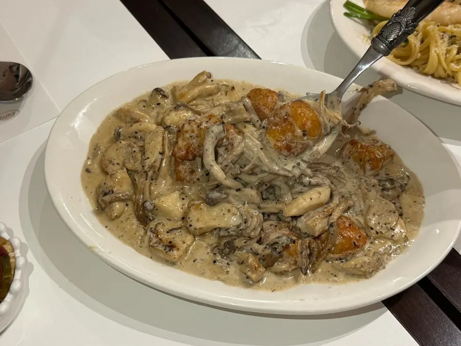 Close-up of rich mushroom cream sauce gnocchi