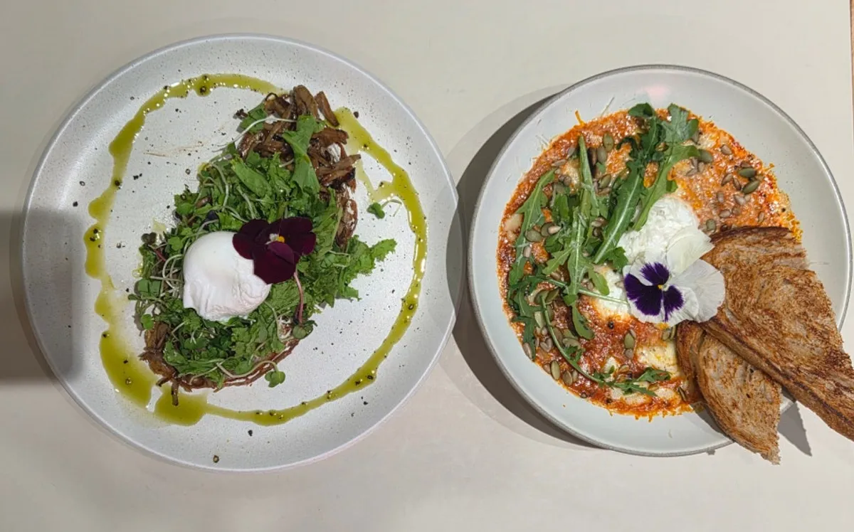 Brunch dishes and drinks set out on the table
