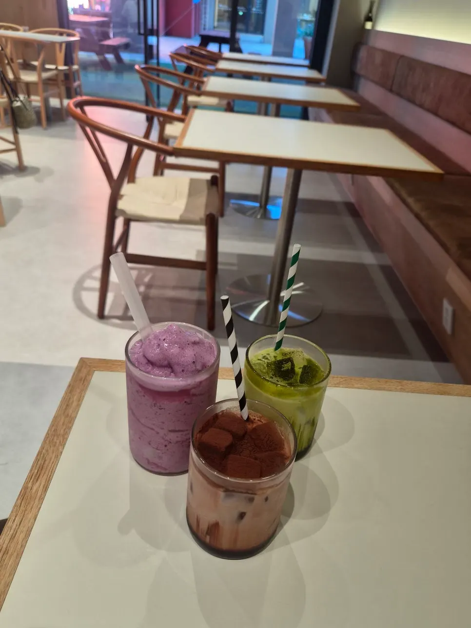 Drinks including matcha latte and blueberry ade