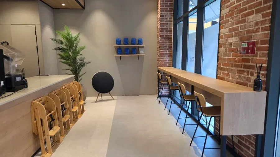 Wood-and-white toned café interior seating