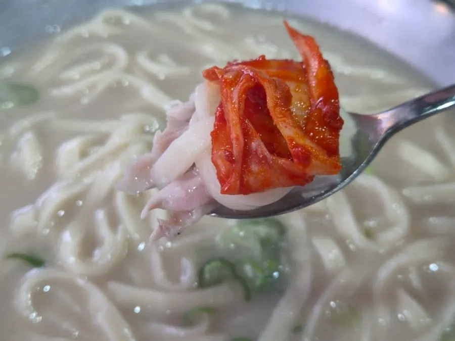 김치와 닭고기를 곁들인 칼국수