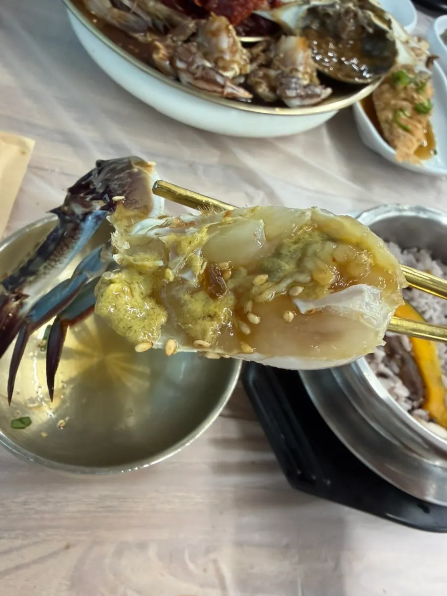 Close-up of soy yellow crab jang meat
