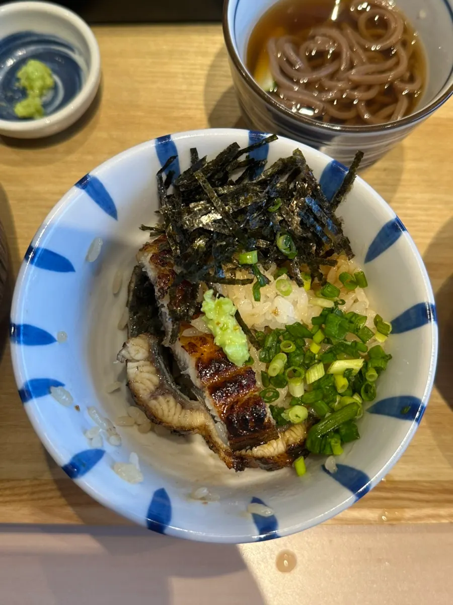 Hitsumabushi dengan nori, daun bawang, dan wasabi