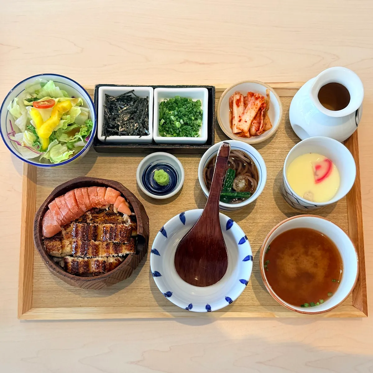 Full table spread of mentaiko hitsumabushi