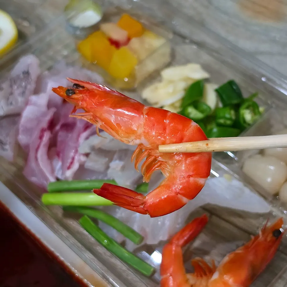A chewy piece of shrimp