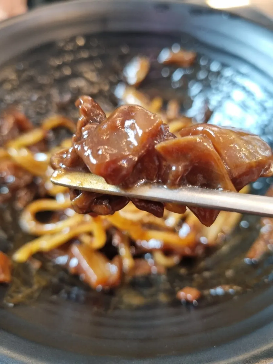 Lifting up a serving of the jajang ingredients