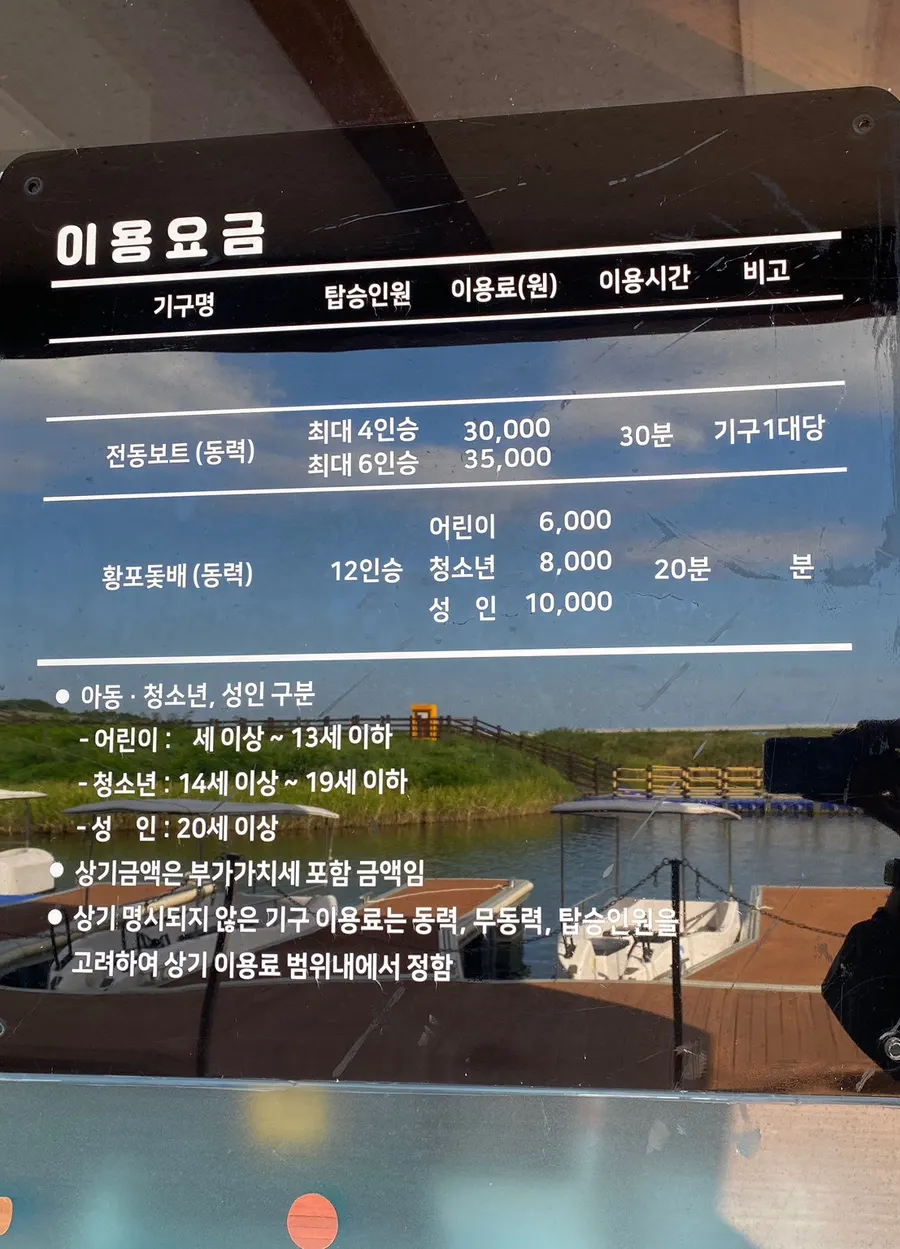 1층 수상레포츠센터 보트 이용요금 안내판