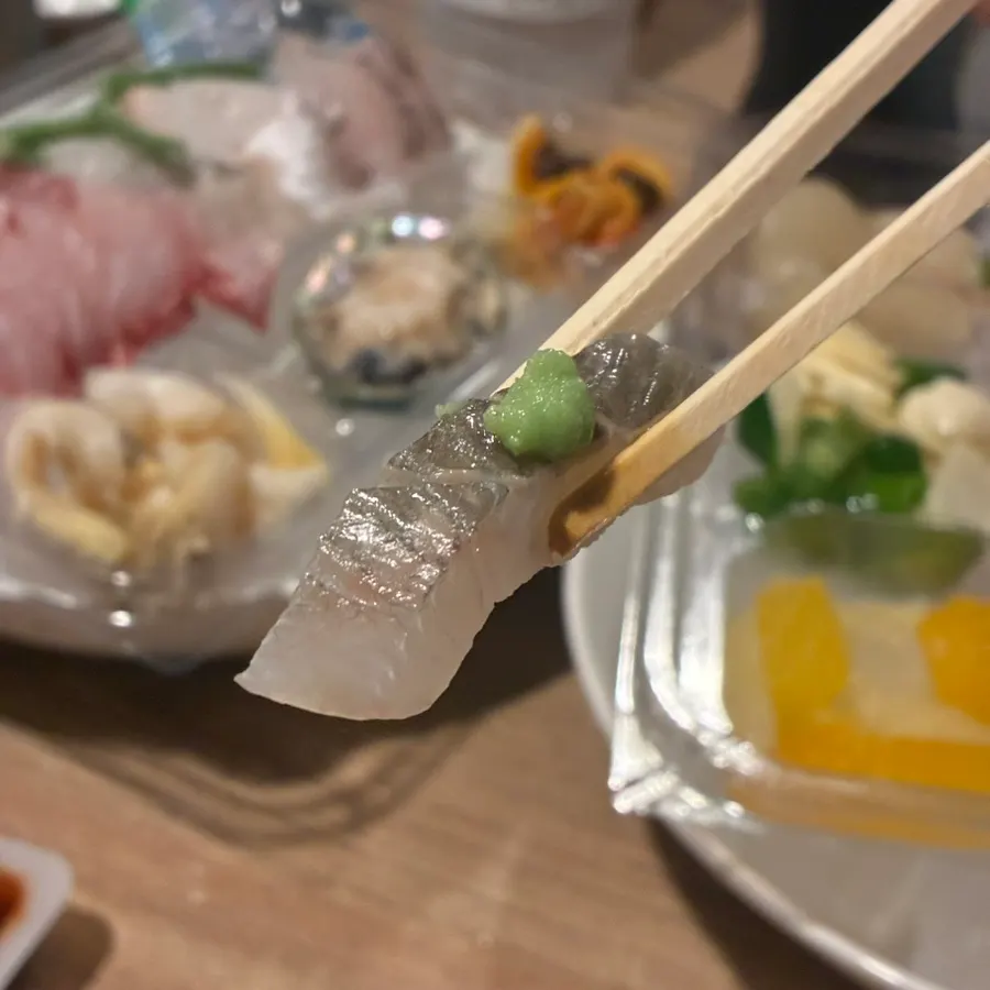 Close-up of the chewy live-fish sashimi