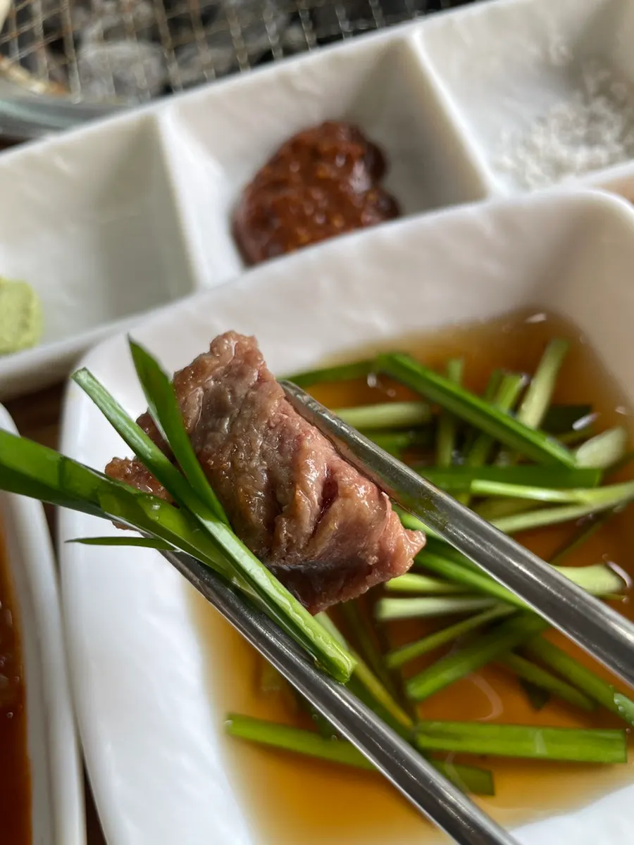 A piece of meat topped with soy-sauce chives