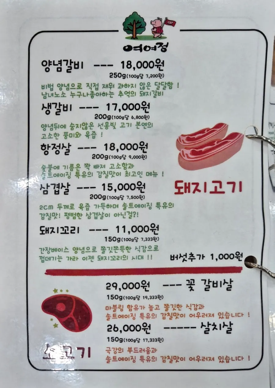 Yeoyejeong's meat menu board
