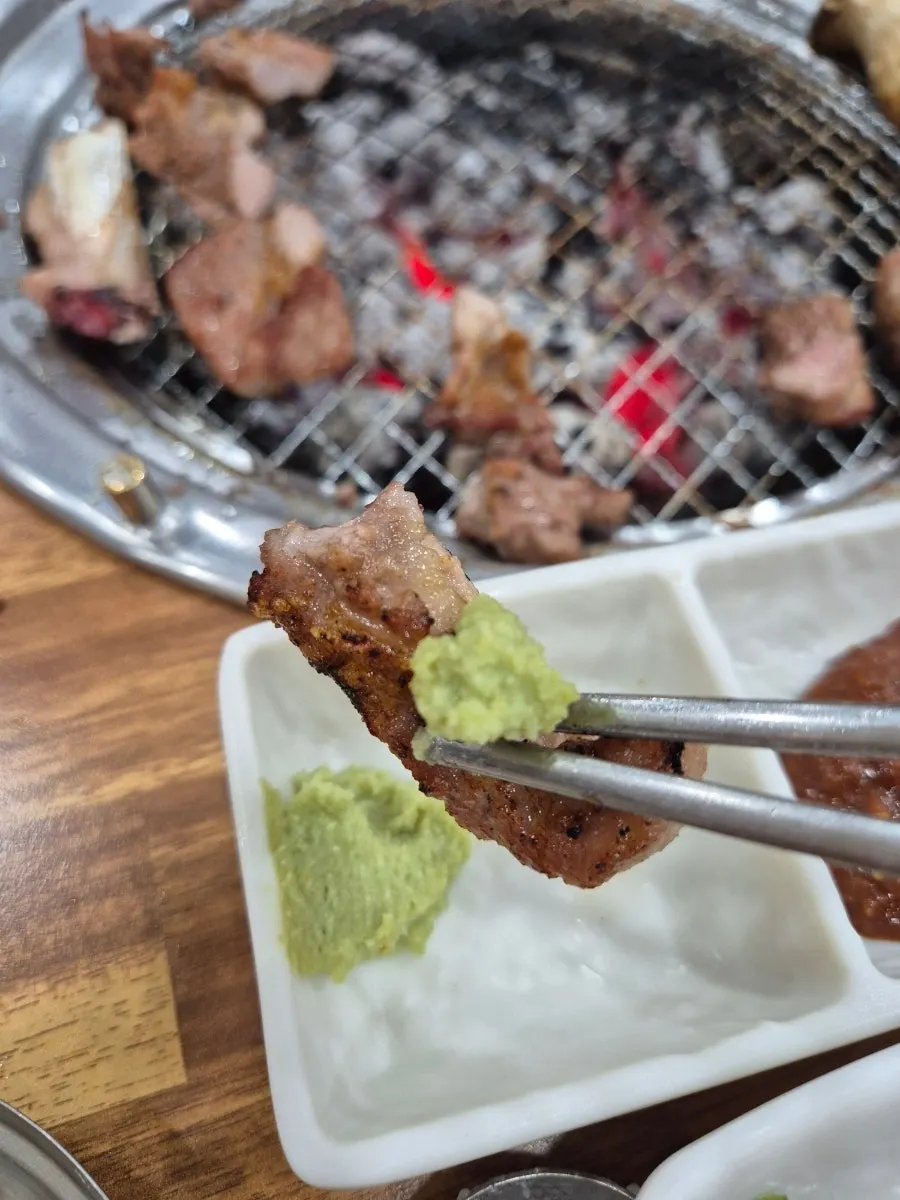 Fresh galbi served with salt and wasabi