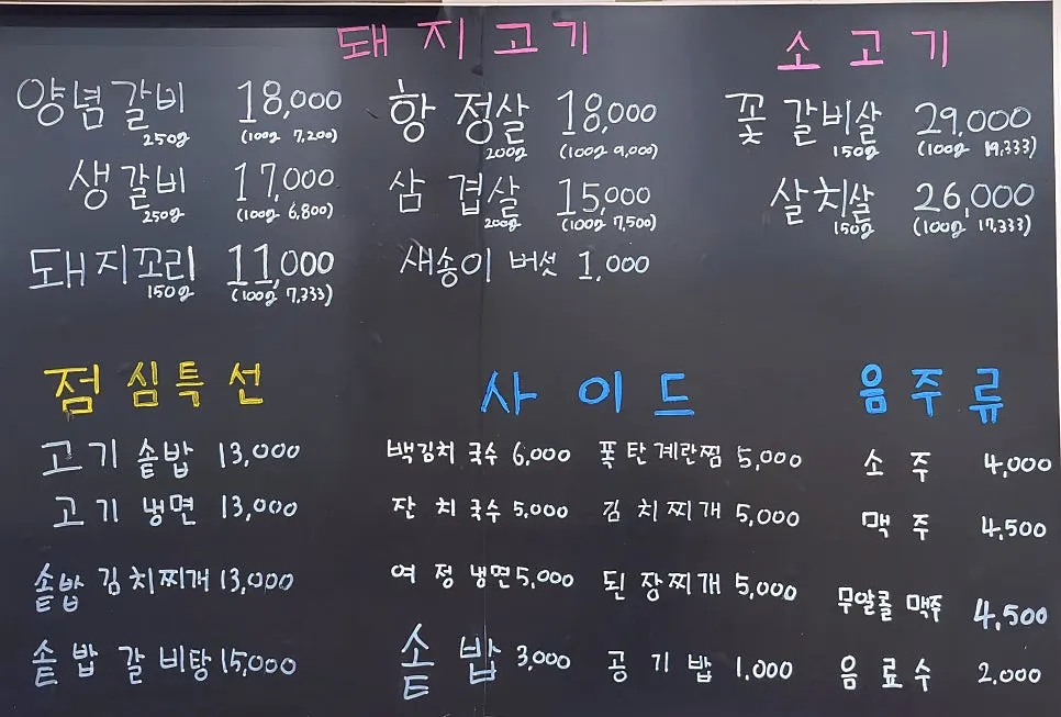 Yeoyejeong menu board listing salt-aged meat and lunch specials