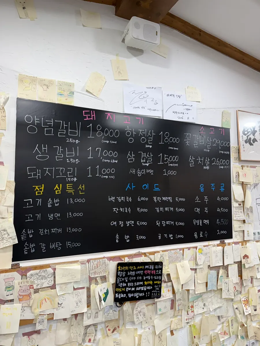 Yeoyejeong menu board listing marinated ribs, pork belly, and more