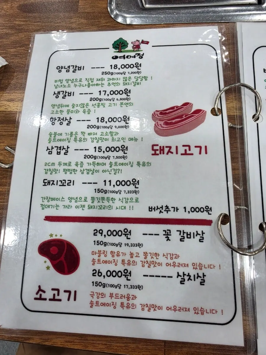 Yeoyejeong's meat menu board