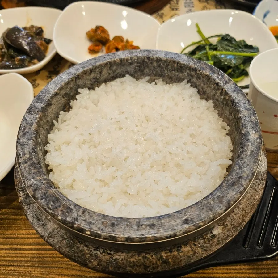 Glossy, piping-hot stone-pot rice