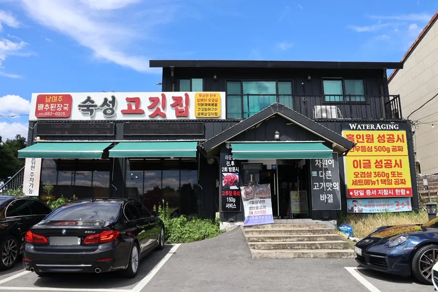 Exterior of the standalone aged-meat restaurant building and parking lot