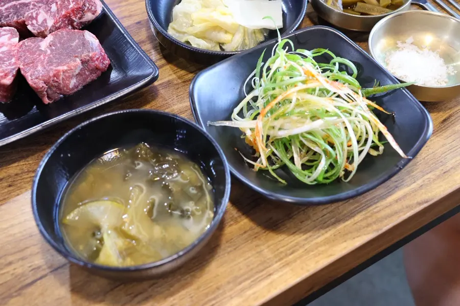 Portioned doenjang-guk and a bowl of rice