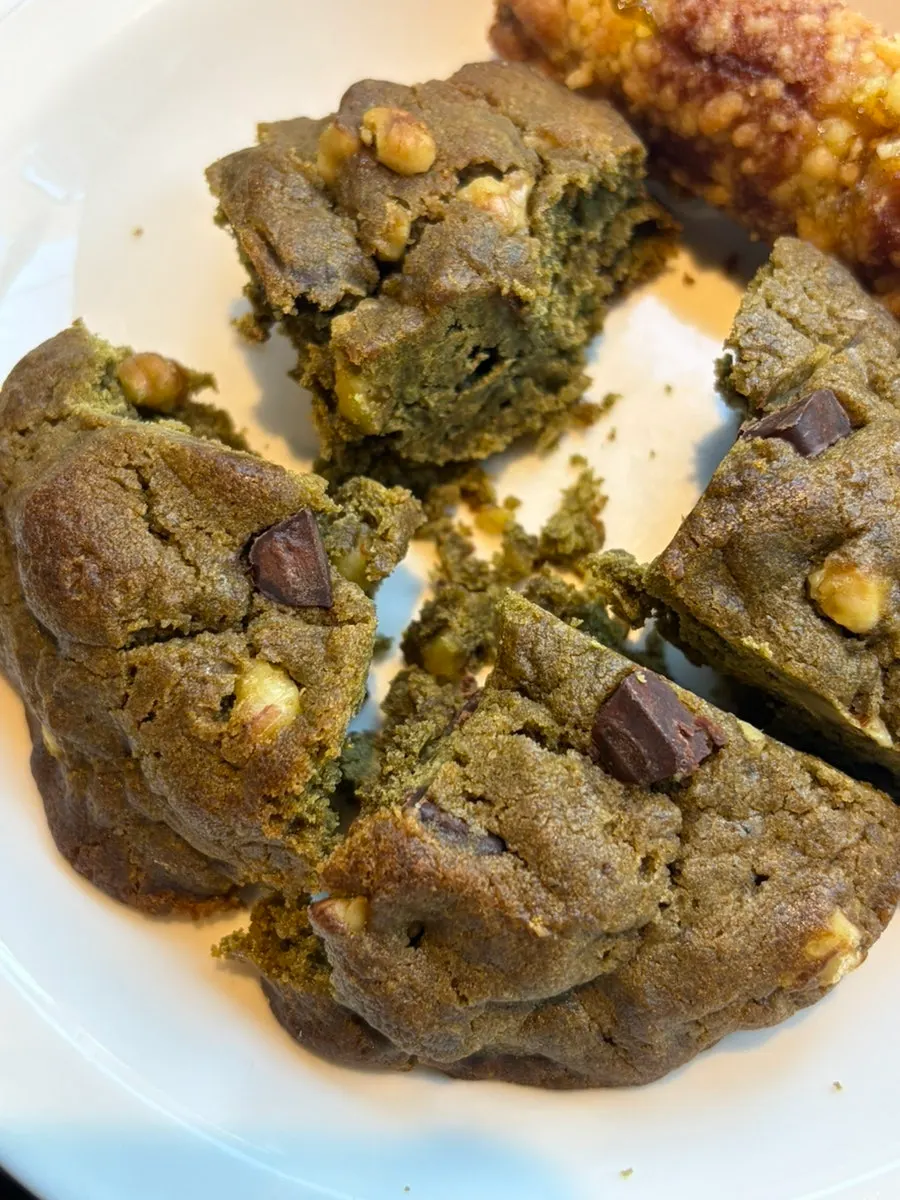Cross-section of the matcha levain cookie showing chocolate chips