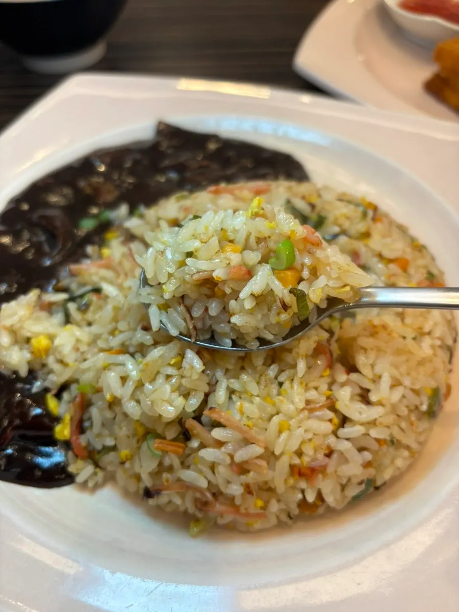 Jjamppong broth served alongside the fried rice