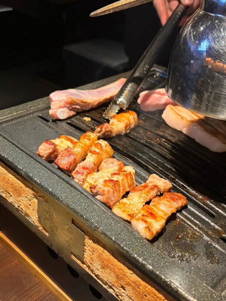 Galbi samgyeopsal grilled with a light char on the outside