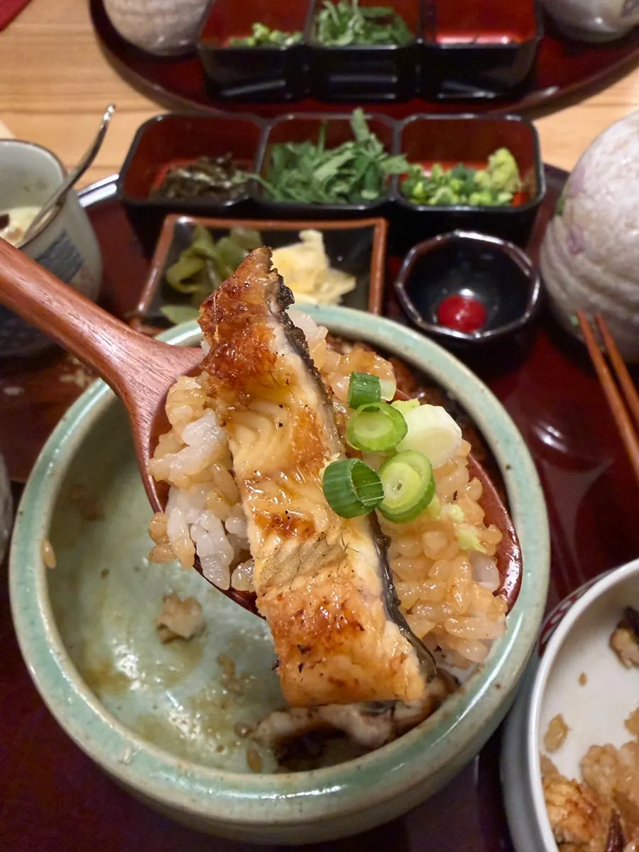 Eel with wasabi and scallions