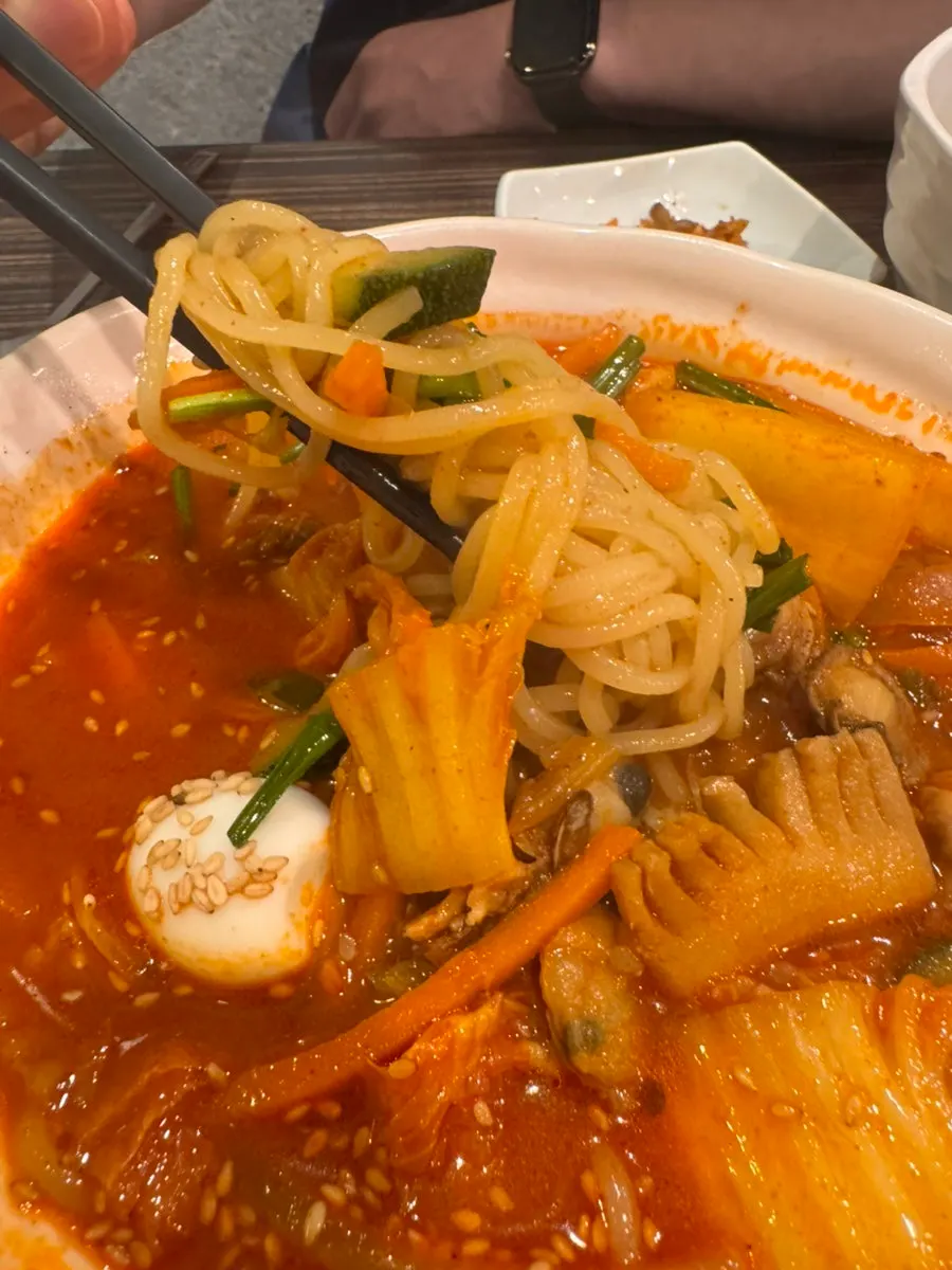 Seafood pieces inside the jjamppong