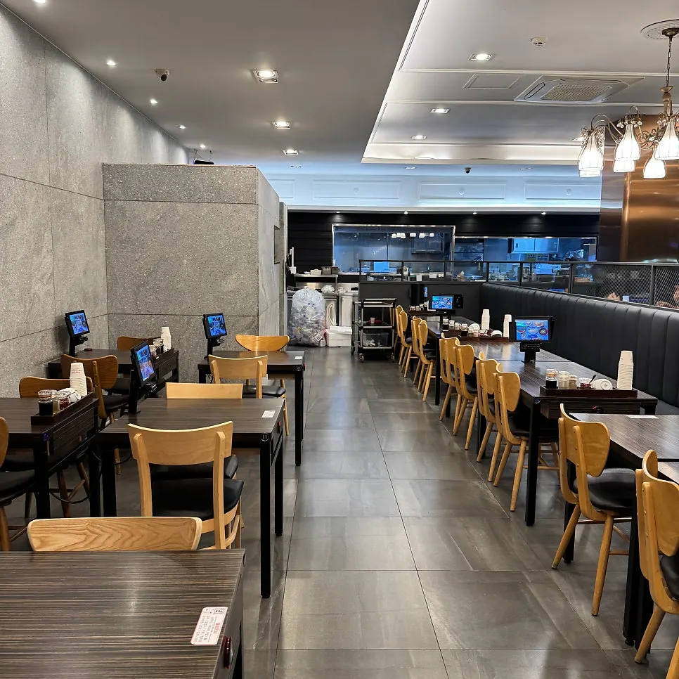 Generously spaced tables in the restaurant