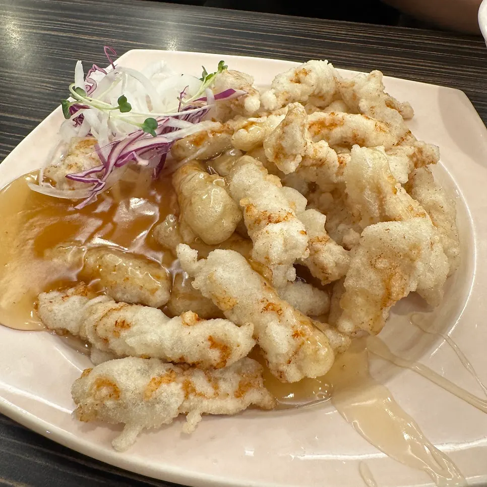 Close-up of the crispy sweet and sour pork