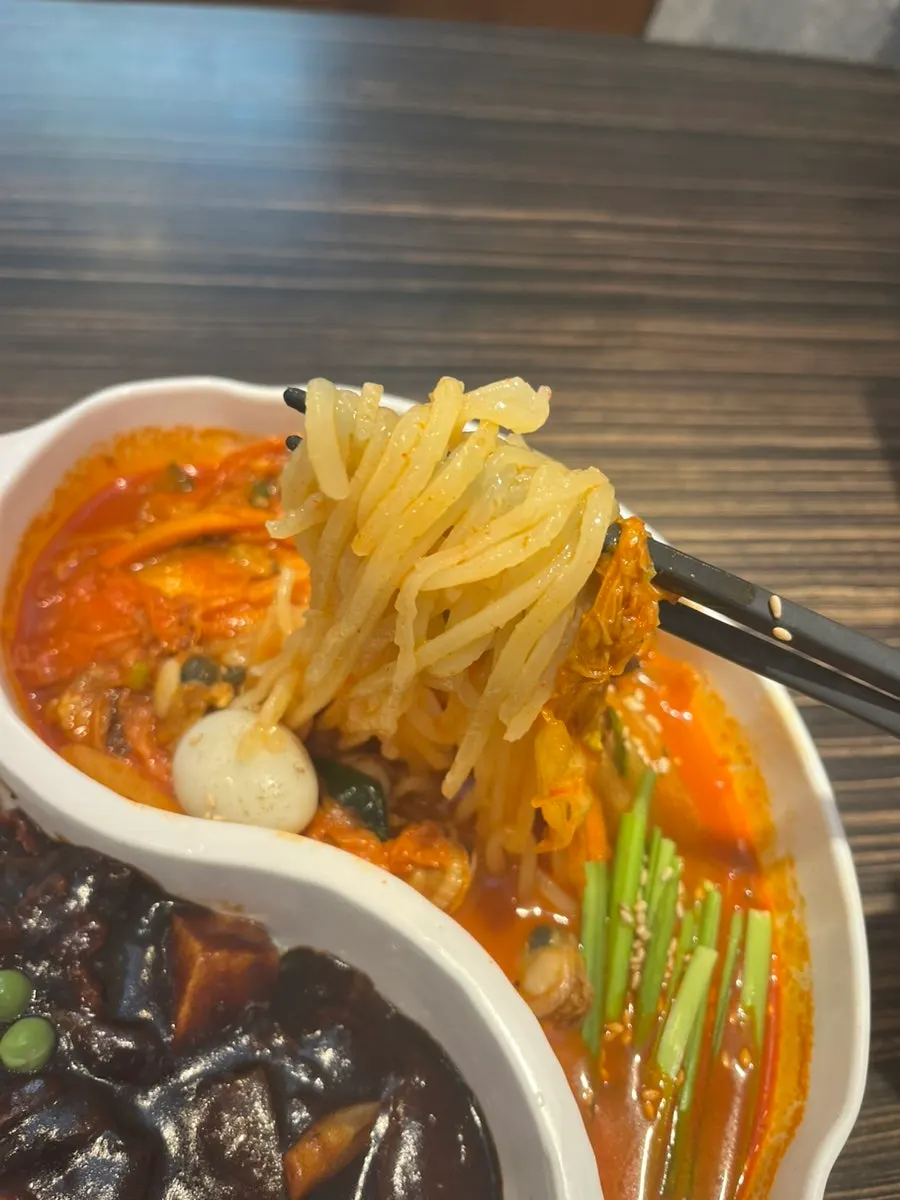 Jjamppong with seafood and vegetables