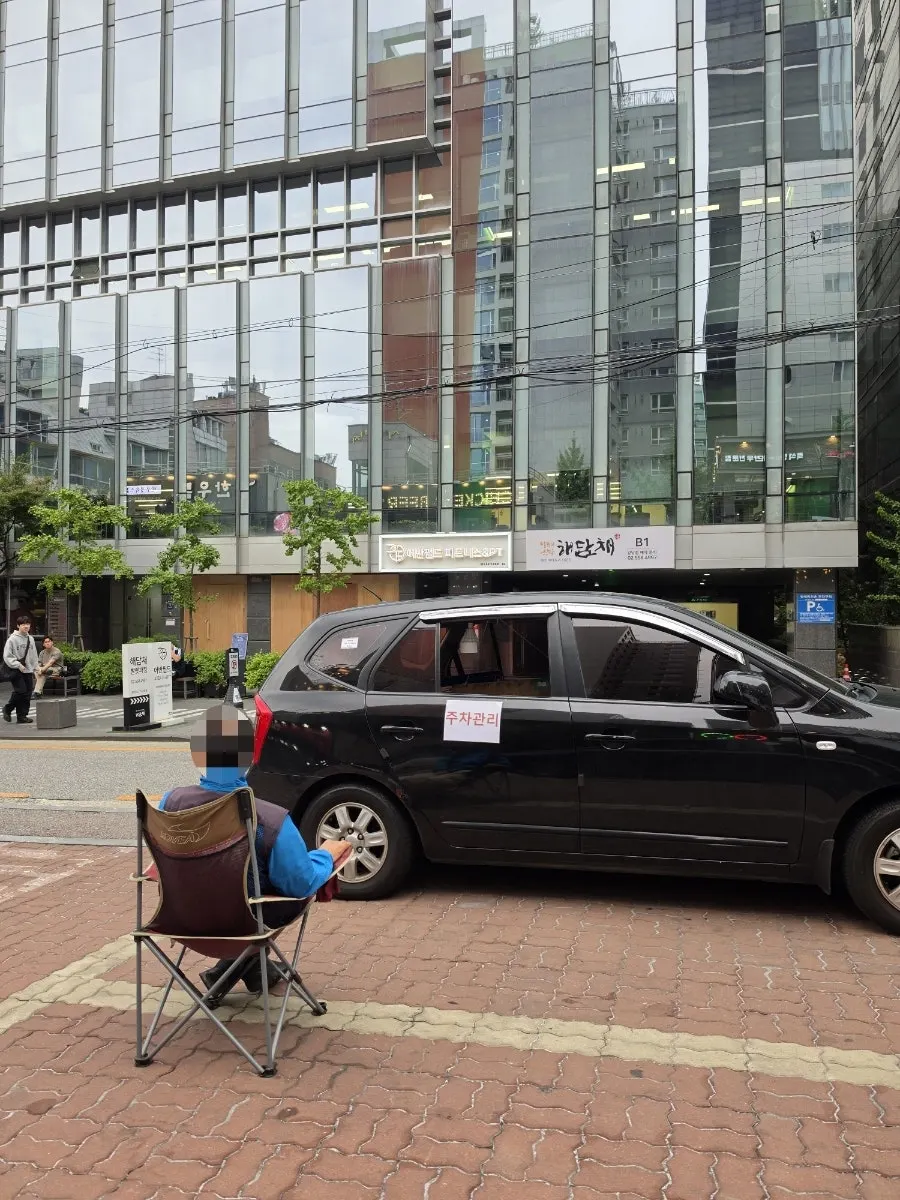 Spacious paid parking lot in front of the building