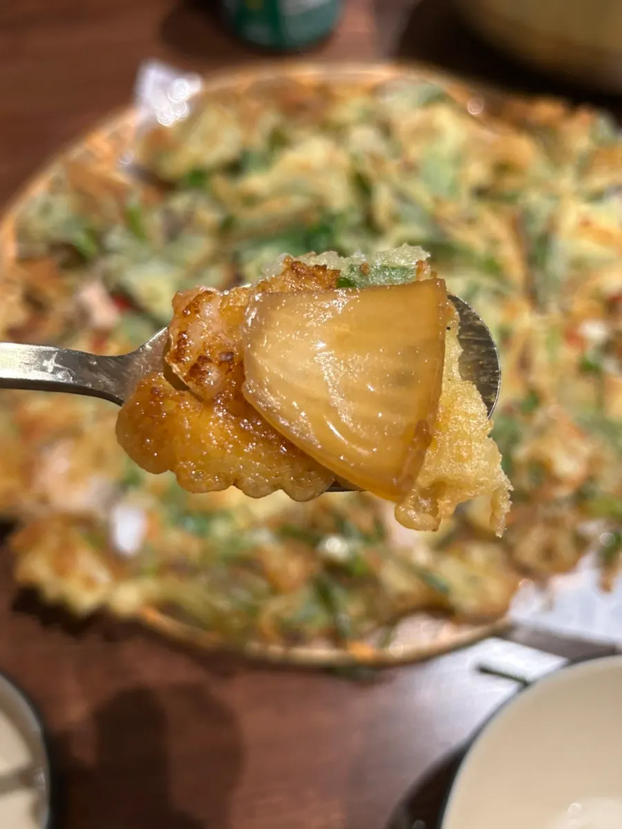 Seafood pancake with crispy edges