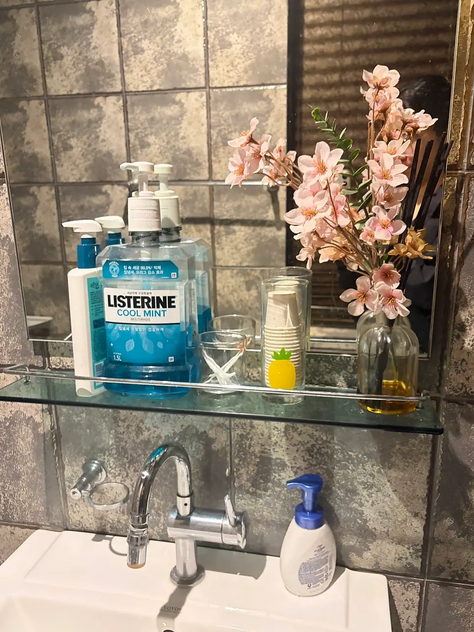 Mouthwash stocked in the restroom