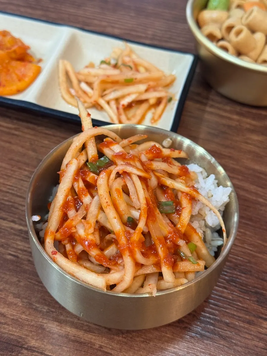 Barley rice and radish salad scooped from the self-serve bar