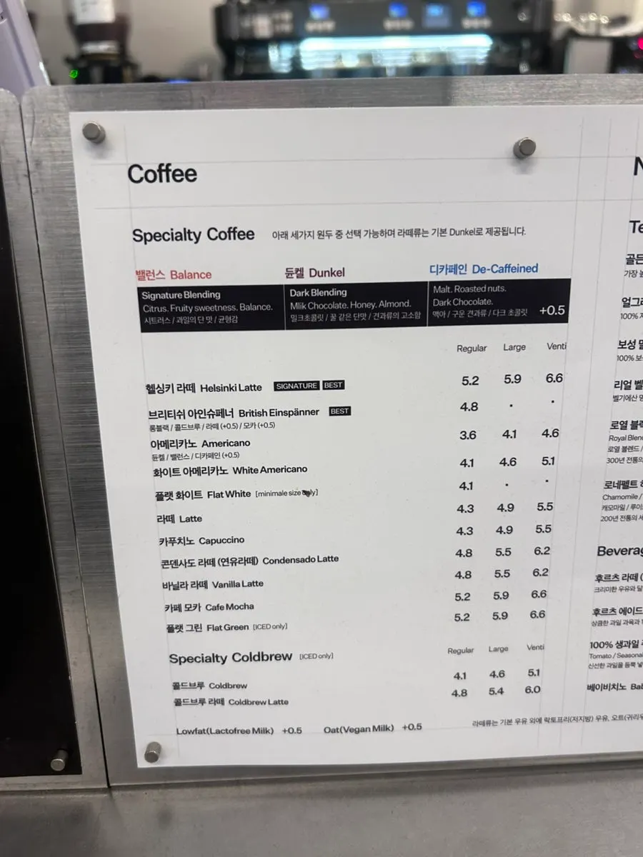 Café drink menu selection