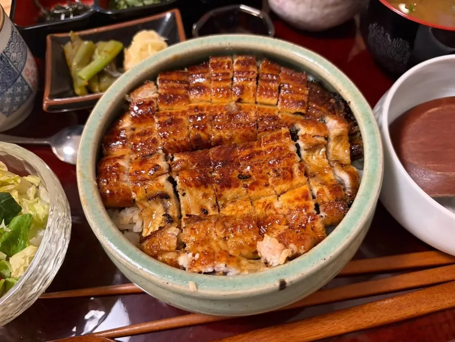 Glossy freshwater eel over rice in hitsumabushi