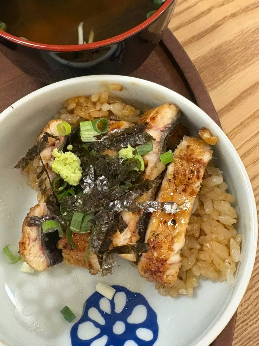 Eel rice bowl with wasabi and scallions