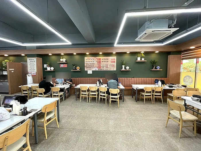 Interior of the soup restaurant with wide table spacing