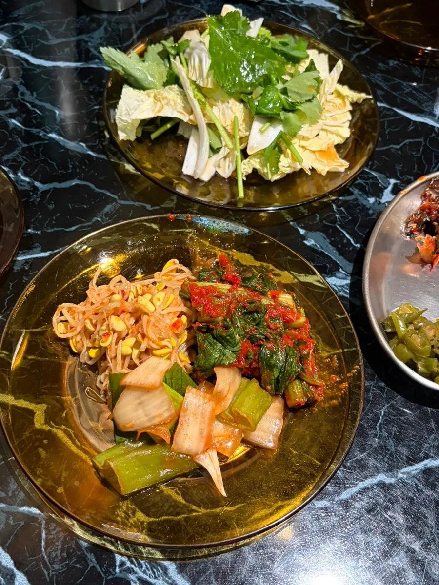 Side dishes of salad, seasoned bean sprouts, mustard leaf kimchi, and green onion kimchi