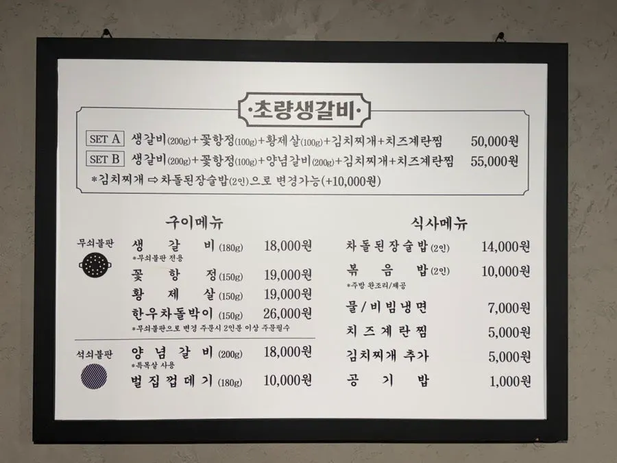 Choryang Saenggalbi menu board with set menu options