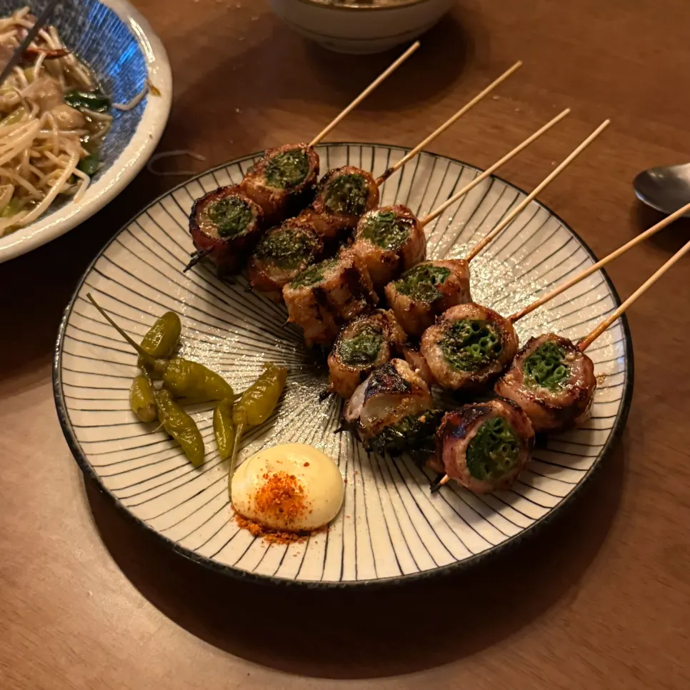 Pork belly and scallion skewers